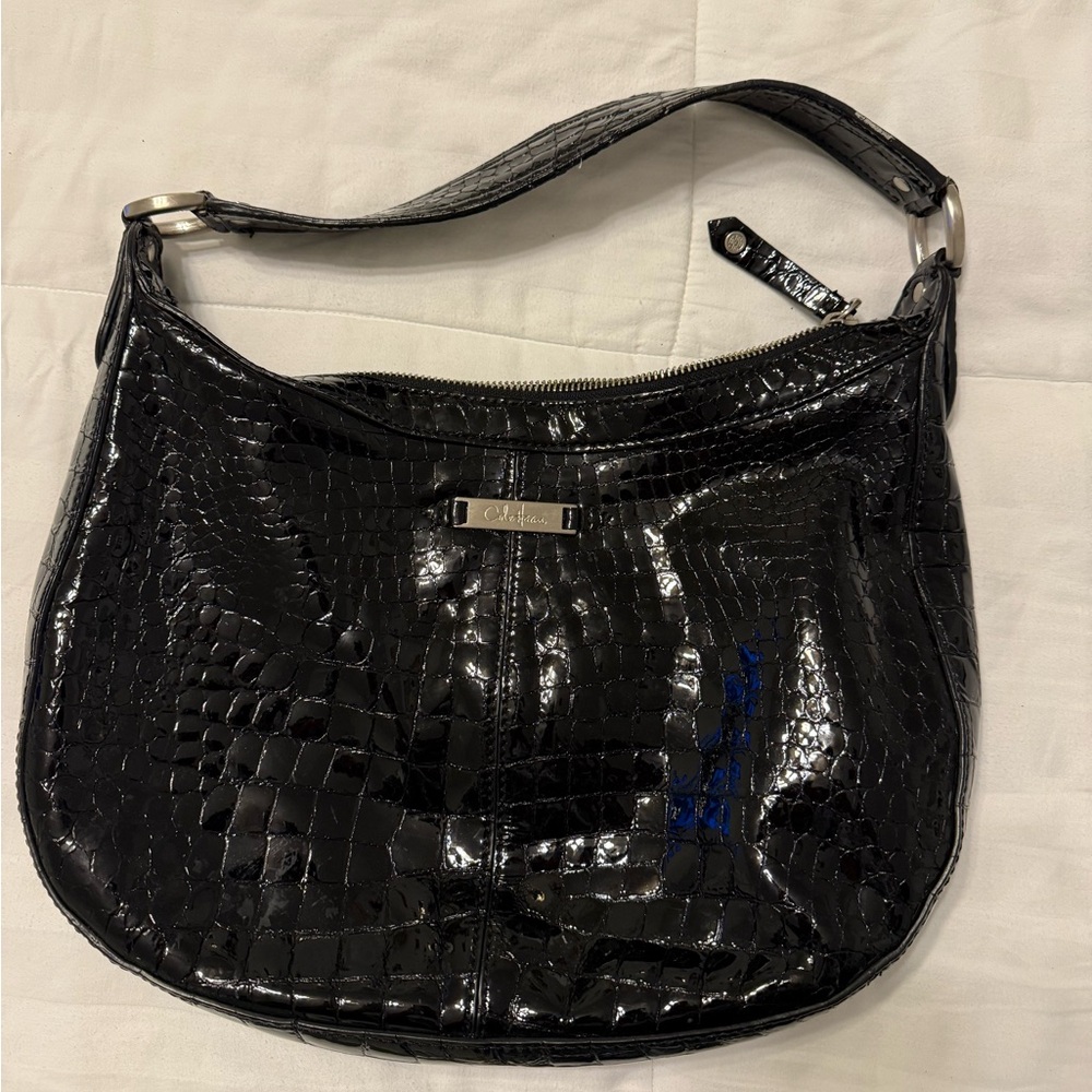Cole Haan Shiny Black Croc-Embossed Hobo Bag